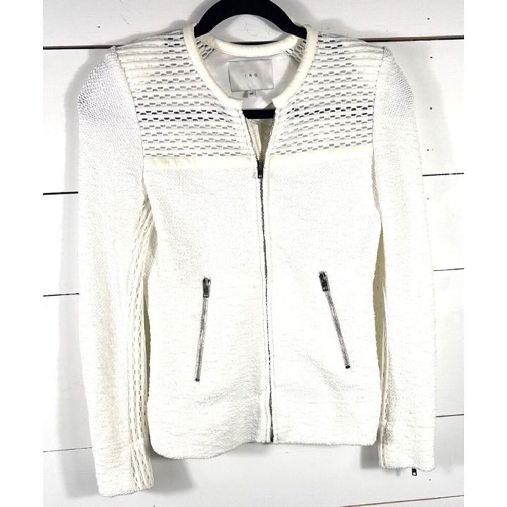 IRO White Textured Cotton & Leather Jacket With Mesh Details Size 36 Full-Zip Fr